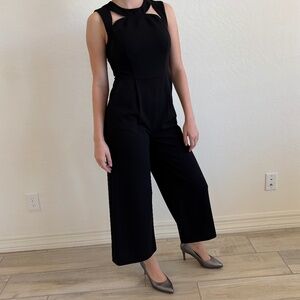 Calvin Klein Black Wide Leg Jumpsuit with Geometric Cutout Neckline, Size 4